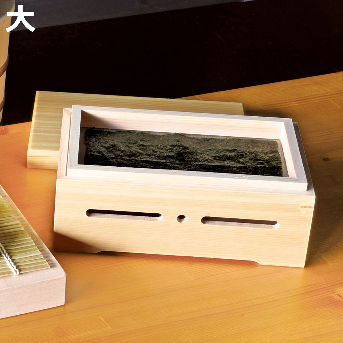 保存容器 焼きのり箱 大 （ 海苔焙炉 ホイロ 箱 焼きのり ひのき 天然木 日本製 半切 三つ切り 3切 海苔 温める 炙る 木箱 朝食 酒の肴 炭火 卓上 手巻き寿司 おにぎり ）【3980円以上送料無料】