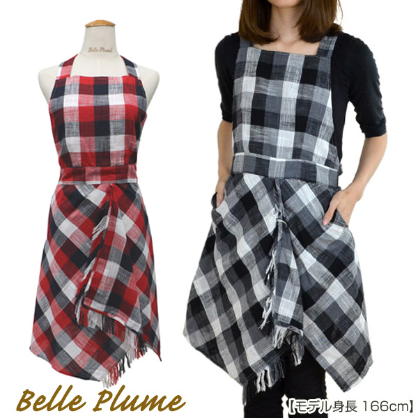 エプロン　Belle Plume　スクレ　チェック柄　ラップスカート風　ポケット付 （ 送料無料 レディース 前掛け キッチン用品 ギンガムチェック柄 ブロックチェック柄 カットオフデザイン ワンピース風 かわいい カジュアル 台所用品 ）