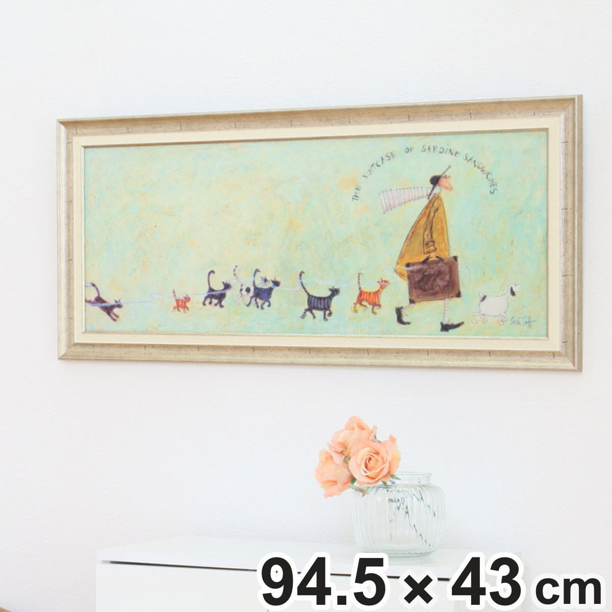 アートパネル サムトフト 『いわしサンド スーツケース』 94.5×43cm （ 絵画 絵 アート インテリア 額 額入り 壁掛け 犬 動物 ネコ ポスター アートフレーム アートポスター ウォールアート パネル 額付き 額縁 壁飾り リビング ）【3980円以上送料無料】