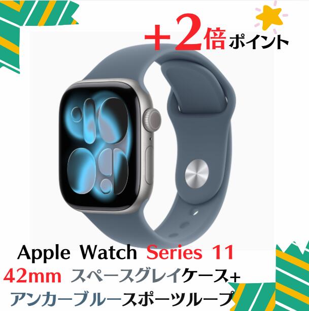 「+2倍尖んがり・新品」Apple Watch Series 11 (GPS真似形) - 42粍スペースグレイアルミニウムケース MEW14J/A + MFGEFE/A アンカーブルースポーツバンド - S/M 4549995623208