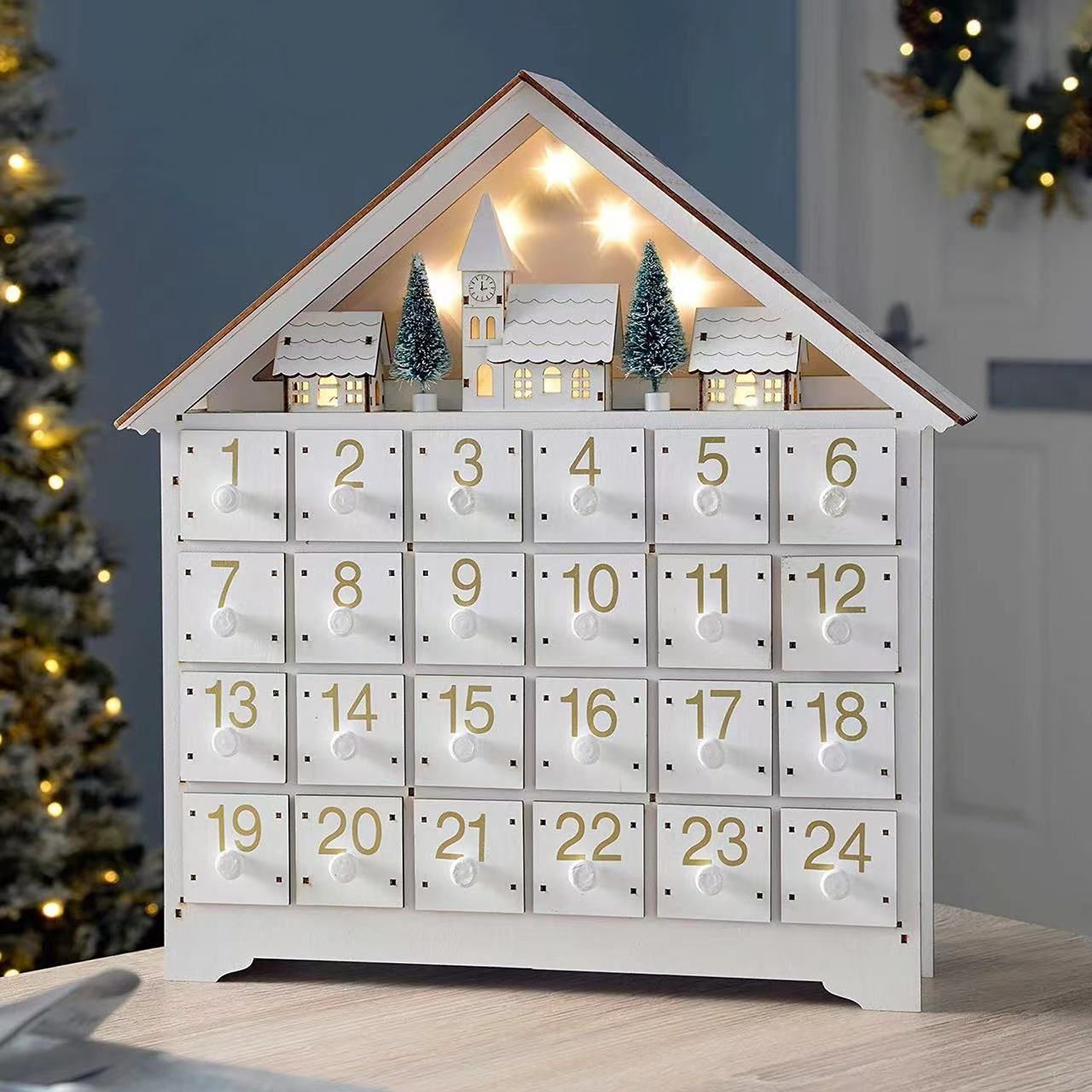 WOODEN 木製アドベントカレンダー クリスマスツリー 24個オーナメント付き クリスマスツリー 木製 アドベントツリー クリスマス ツリー型