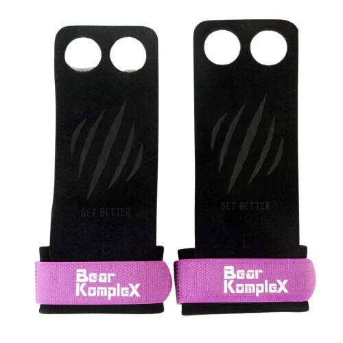 Bear KompleX 2穴レザーハンドグリップのために体操＆クロスフィット、プルアップ、重量挙げ。 ウッズ W、手首のストラップ。リッピング＆水疱からコンフォート＆サポート - 手の保護。 L