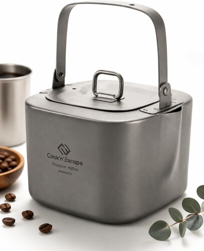 COOK'N'ESCAPE チタン ケトル 角型 400ml 軽量180g 無塗装 折り畳みハンドル 直火/IH対応 クッカー収納可 チタン製やかん ミニケトル 夜間 湯沸かし キャンプ アウトドア 登山 防災 kettle titanium mi