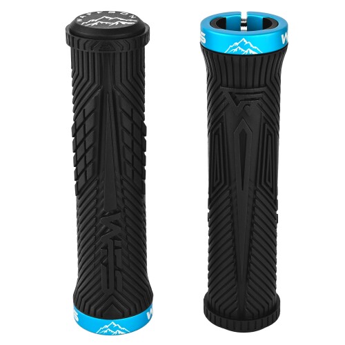 WFS Volatus Single Lock-on Grips for Mountain Bikes, Road, City Bike, 33粍 OD for Soft Comfortable Ergonomic, Anti-Slip 22粍 ID Locking Handlebar Grips for MTB, 1 Pair, Black w/Blue