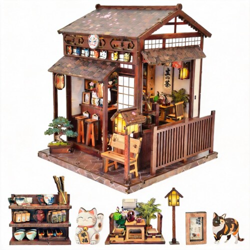 Pixie Curio ブックヌック 一揃いの道具 3D 木製考えもの 桜落木茶亭 お人形さん住み家 一揃いの道具 細密画  招き猫図形付き添い人 LED点火装置 DIY 書物棚飾りつけ パノラマ 室内装飾 成年者向け 差し上げ物 (桜落