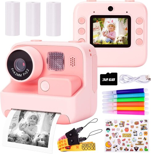 子供用プリントカメラ トイカメラ 印刷インスタントカメラ レジロール紙プリント 前後4800万画素 1080P録画 2.0インチ 32GB 3ボリューム印刷紙 子供の日 誕生日 クリスマス ギフト 子供プレ
