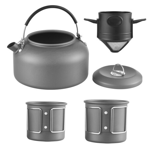 SOUUXIU キャンプ用ケトル カップとコーヒーフィルター付き アウトドア用沸騰水バックパッキングケトル 1.4L アルマイト加工アルミコーヒーケトル