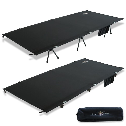 JushiRokka キャンプコット 簡易ベッド 2way 高さ2段階調整 軽量 コンパクト 防災 小物収納 野外 釣り スポーツ観戦 ピクニック 自宅用 会社用 収納バッグつき (ブラック)