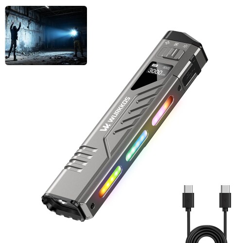 Wurkkos TD11 LED 閃光電球ともし火 タクティカル, 3000lm 超薄型 パウダーコンパクト心積もり USB-C申し受ける OLED画面 2個尻っ方名取り草 斑点模様/フラッド/RGBうつり変わり IPX6雨合羽 難民キャンプ 防災 非常用 (Grey)