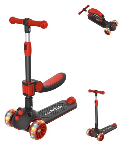 キックスクーター 子供用 RideVOLO キックボード 2way三輪車 三段階高さ調整 62/74/81cm 光るLEDタイヤ 折り畳み式 シート高さ調節可能 方向変換 耐荷重50kg アウトドアに適用 おもちゃ 安定 ギ