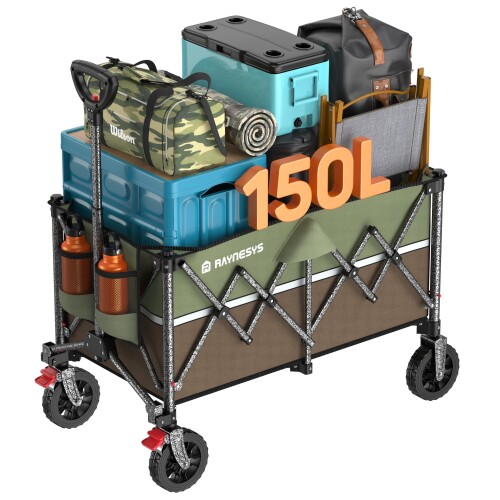 Raynesys キャリーワゴン 大容量150L 耐荷重150kg ブレーキ付き 折り畳み式 キャンプカート ワンタッチ収束式 持ち運び便利 コンパクト 自立収納 静音 スチールフレーム 多地形対応 キャンプ