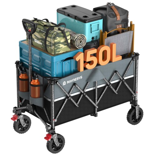 Raynesys キャリーワゴン 大容量150L 耐荷重150kg ブレーキ付き 折り畳み式 キャンプカート ワンタッチ収束式 持ち運び便利 コンパクト 自立収納 静音 スチールフレーム 多地形対応 キャンプ 9,081円