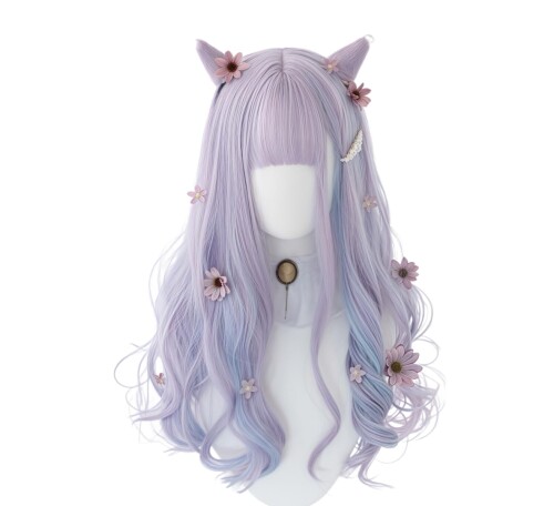 RyuuCos ロリータ かつら ロングヘア カール ぱっつん前髪 ブルーパープル ウィッグ コスプレ 青紫色悪魔角 自然 原宿系 コスプレ 耐熱性 変装 仮装 プレゼント イベント ハロウイン クリ