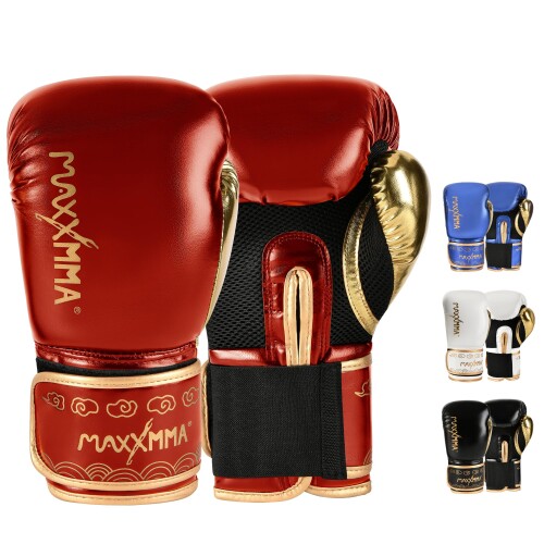 MaxxMMA ボクシンググローブ パンチンググローブ 通気性 キックボクシング 総合 格闘技 パンチンググローブ サンドバッグ MMA トレーニンググローブ (10oz, レッド＆ゴールド)