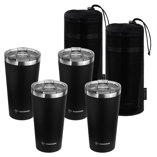 FOXDOOR タンプラー 470ml 蓋付き添い人 日本計画すること品 黒いこと 2個 4個 書き割り 無意味さ断熱 ステンレス鋼 保冷 保温 納める袋付 スタッキング アウトドア 難民キャンプ 差し上げ物 差し上げ物 身寄り (黒_4個書き割り)