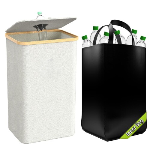 プラスチックボトル 回収袋 ごみ箱スタンド対応 105L XXLサイズ 300Dカチオン素材 プラスチック・缶 分別収納 ブラック／ホワイト+内ポケット付き (白, 105L)
