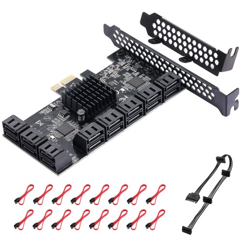 MZHOU PCle16ポートSATAIIIコントローラー拡張カード、6Gbps X1 / X4 / X8 / X16、16個のSATAケーブルとロープロファイルブラケット（ASM1064チップ）を備えた16個のSATA3.0デバイスをサポート