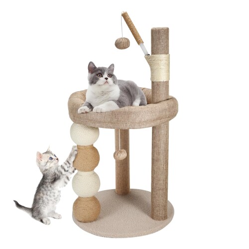 キャットタワー ミニ 猫タワー キャットツリー ラウンドベッド付き 猫ベッド つめとぎポール おもちゃ付き ロータイプ 低い 子猫用 省スペース 組み立て簡単 ベージュ 麻