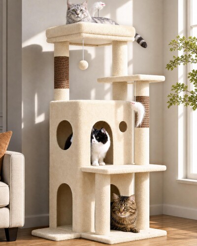 Globlazer キャットタワー 低い 据え置き 省スペース 猫タワー 大型猫用 多頭飼い 二層式巨大キャットハウス 柔らかくて快適 広い見晴らし台 天然麻紐の爪研ぎ柱 猫のおもちゃ ぬいぐるみ