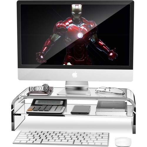 AboveTek 2段アクリルモニタースタンド | ディスプレイ台 | クリア | 在宅ワーク用 | 48x22*14cm | キーボード収納 | iMac ノートパソコン プリンター 対応 | 省スペース | 姿勢改善 | 目線アップ |