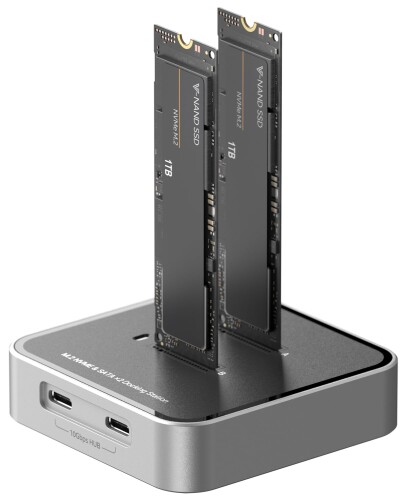 MiliPow デュアルベイ M.2 NVMe SATA SSD エンクロージャー、USB 3.2 10Gbps NVMe 縛ステイション、最大限度16肺結核の電気容量、M.2 SSD 記憶装置入れもの付き添い人
