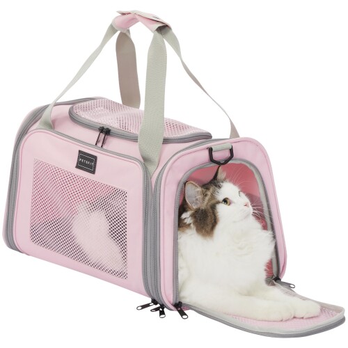 Petsfit ペットキャリーバッグ 猫?小型犬対応 猫キャリーバッグ 折りたたみ 軽量＆通気性メッシュ 手提?肩掛け?スーツケース 飛び出し防止リード付き 旅行/通院/災害避難/電車移動に ピ