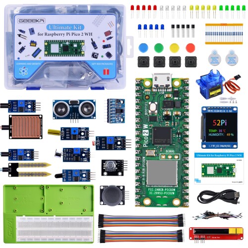 GeeekPi Ultimate Starter Kit for Pico 2W（属する）、デュアルArm Cortex-M33およびデュアルHazard3 リスク-Vマイクロ制御装置、事細やかにな指導、複数形のニュース記事と事業計画、Python C