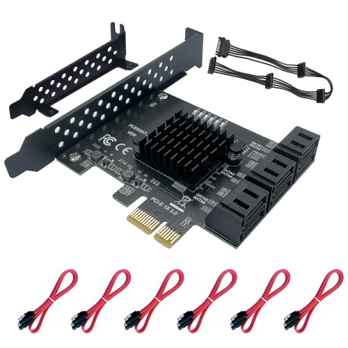 SATA カード 6ポート PCIe x1 増設 6Gbps 高速伝送 ASM1166チップ搭載 ヒートシンク付 SATA3.0 拡張カード ケーブル6本付属 Windows Mac Linux対応