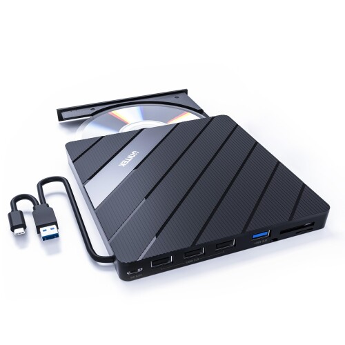 Unitek 7-in-1 外付けCD/DVDドライブ USBハブ USB 3.0/Type Cポート付き ポータブルドライブ 読み込み・書き込み USB2.0 SDカードリーダー薄型 超高速 軽量 コンパクト 静音 焼損防止 補助電源入力ポ