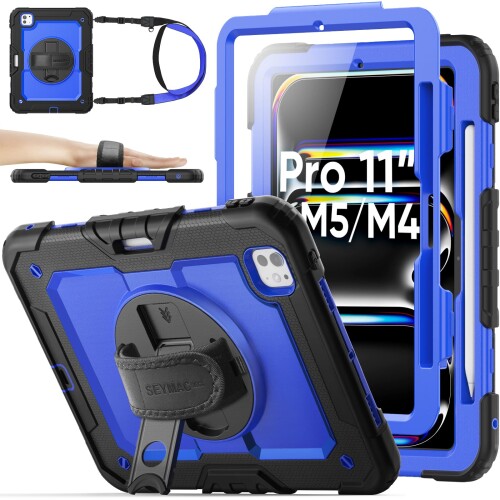 SEYMAC stock 2025年/2024年 11インチiPad Pro(M5/M4)専用耐衝撃ケース 保護フィルム付き ペン収納 360°回転スタンド ハンドストラップ ショルダーストラップ 全面保護カバー iPad Pro 11 2025/2024専用型