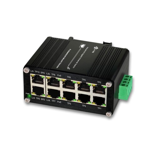 製作用8界面 10/100/1000T 802.3at PoE+ コンパクトイーサネットスイッチ、2界面ミニDIN軌跡マウント、48-57V DCアンマネージドネットワークスイッチ 20Gbpsスイッチング静電容量