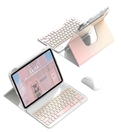 Moogukadan iPad 10.2インチ第9/8/7世代 用のキーボード ケース マウス付き 360度回転 グラデーションカラーキーボード マグネット分離式 透明 クリア 背面カバー 縦置き 横置きスタンド ペン収