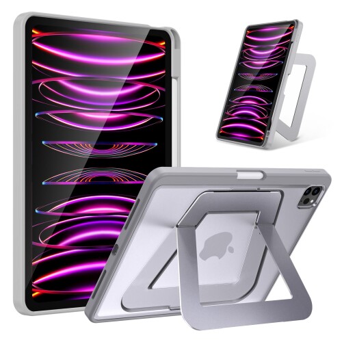HEIGKOIK iPad Pro 11インチ ケース 第4/3/2世代(2022/2021/2020)専用カバー アルミ調節式 縦横スタンド ペンシルホルダー付き 薄型 軽量 耐衝撃 半透明カバー (グレー)
