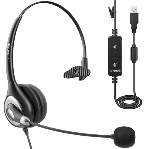 WantekヘッドセットUSB 片耳 ノイズキャンセリングマイク付きとオンライン制御有線PC用ヘッドホン Web会議、Skype、オフィス、在宅勤務、業務用、リモートワーク、コールセンターに適用