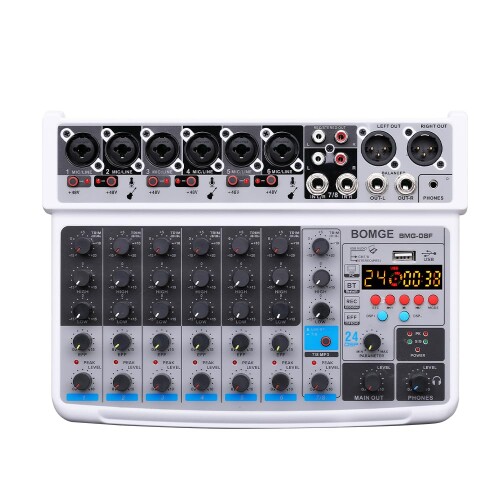 BOMGE 8 channel mini audio mixer Line Mixer ，DC 5V，with MP3 Player,Bluetooth, U disk 48V,24DSP effects, USB recording Ideal for Small Clubs or Bars, Studio Recording… (8 channels-WHITE)