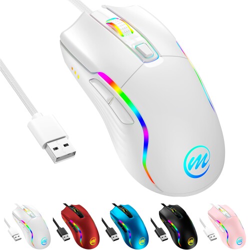有線ゲーミングマウス - 12800 DPI 調整可能 - A825F 光学センサー搭載 - 13 種類の LED モード - 6 ボタン - 人体工学設計、1.7 メートルケーブル - USB 接続対応 PC 用マウス - 白い