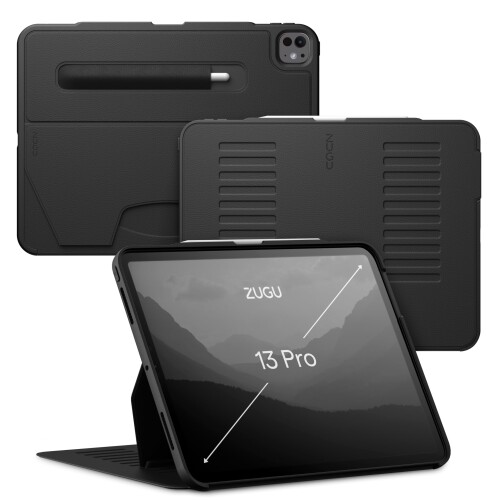 ZUGU CASE iPad Pro 13 インチ M4 / M5 (2024 / 2025)との互換性あり ケース 極薄 落下衝撃保護 10段階スタンド機能 ペンホルダー ワイヤレス充電 オートスリープ (Pro13 カバー, ブラック 黒)