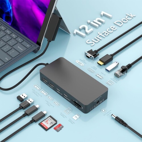 12 インチ 1 Microsoft Surface Dock, Surface Pro 縛ステイション トリプル見せびらかす HDMI 4K VGA Microsoft Surface Hub アダプタ 相応う機種: Surface Pro 11/10/9/8/X/7/6/5/4/3, Laptop 7/6/5/4/3/2/1, Book Laptop Go 3/2/1