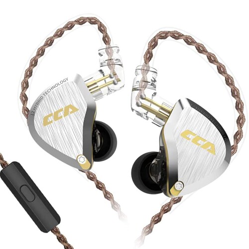 CCA C12 イヤ電話機 有線 カナル型 高遮音性 中華イヤ電話機 5BA+1DD 複数形１番ウッド イヤ電話機 快い音、執務室、運動競技を聴くのに適しています (マイクロホン付き添い人-3.5粍, ゴールド)