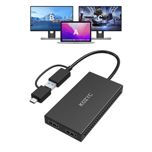 KOZYC USB 3.0からHDMIデュアルディスプレイアダプター、USB Aからスプリッター4K 30Hz + 1080P 60Hz、Windows、macOS用のPC、ノートパソコン、モニター、HDTVに対応したExtend/Mirrorモードをサポートする