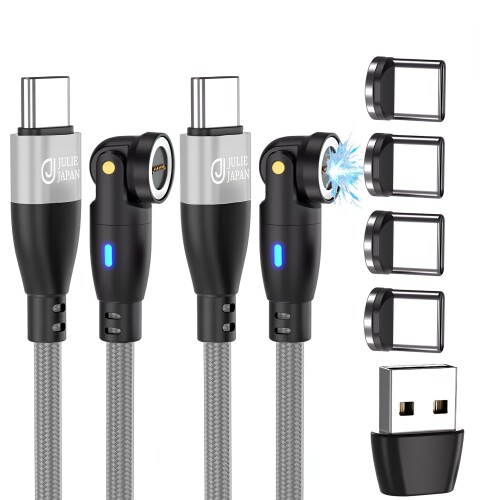 JJ JULIE JAPAN マグネット充電ケーブル PD対応 9PIN 60W 0.5m USBケーブル 2本セット Type-C端子 4個入り 急速充電対応 USB-C QC データ通信対応 スイングヘッド (50cm,シルバー)