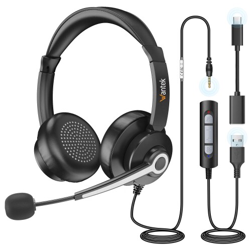 Wantek ヘッドセットUSB/TypeC/3.5mm 両耳 ノイズキャンセリングマイク付き 有線ヘッドセット Skype、Web会議、ボイスチャット、リモートワーク、テレワーク、在宅勤務に適用される プロ ビジ