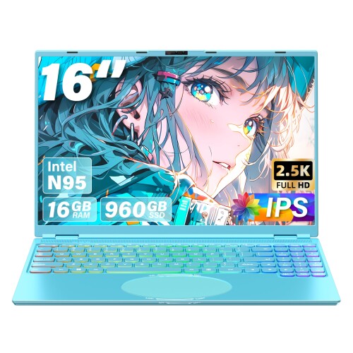 ノートパソコン16インチ2.5K FHD(2560x1600) IPS 高速静音CPU Celeron N95 1.7~3.4Ghz/メモリ:DDR4 16GB USB 3.0*2/mini-HDMI/SSD拡張 Webカメラ付き/顔認証/7色のバックライト付きキーボード マウス付き (高速SSD:1|カラーズストア2号店