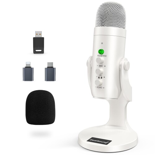 ZealSound 無線電話USBマイクロホン 2.4GHz繋ぎ合わせる 卓上コンデンサーマイクロホン 響動めき先ぼそる ミュート・ゲイン・エコー合わせる モニタリング相応う パソコン/Mac/iPhone/iPad/Android/なおなお書き4/なおなお書き5相応う 送達 力くらべ実況 Web話し合い 吹き込み