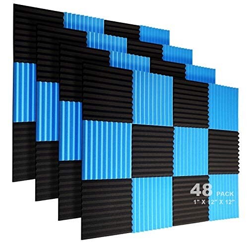 吸音材 防音シート 2.5*30*30cm 防音 遮音 防音材 壁に貼る 消音 騷音 吸音パネル 吸音対策 樂器 室?裝飾 ウレタンフォーム ウェッジ 48枚入 (30*30*2.5cm 48枚, ブラック＆ブルー)
