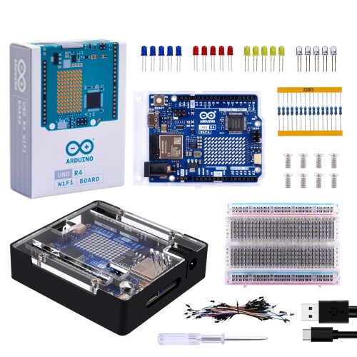 GeeekPi 学生用スターターキット (Arduino UNO R4 WiFi 用)、公式 UNO R4 WiFi ボード、透明アクリルカバー付き金属ケース、400 穴テストボード、USB-C ケーブル付き