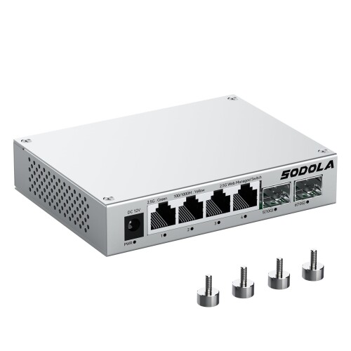 Sodola 2.5gbps スイッチングハブ 6ポート(4x2.5G RJ45と2x10G SFP+) 搭載 Web管理対応 アルミニウム合金製筐体 放熱性能 ファンレス静音設計 マグネット吸着式取り付け対応 家庭用およびオフィ