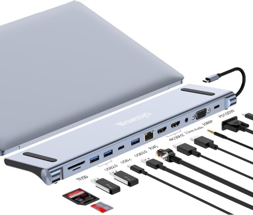 Wowssyo 12-in-1ドッキングステーション USB Cハブ、3ディスプレイ用アダプタ 2 HDMI 4K、VGA、USB 3.0 /2.0、USB Cデータポート、SD/TFカードリーダー、イーサネット、PD 100W、3.5mmオーディオ MacBook Pro/
