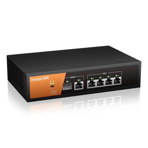 keepLiNK 6ポート PoE スイッチングハブ 10/100/1000Mbps ギガビット(4ポートPoE+、52W) 金属筺体 設定不要