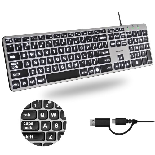MACALLY 有線鍵盤 Mac用 (USB C + A) - かしら文字刷り上げる、うしろ側点火装置付き添い人Apple鍵盤 有線 - 107足懸かり フルサイズ かしら文字 USB C MacBook Pro/Air、Mac Mini、iMac用 フルサイズ (UCABLZKEYLPSG)US割りつける(
